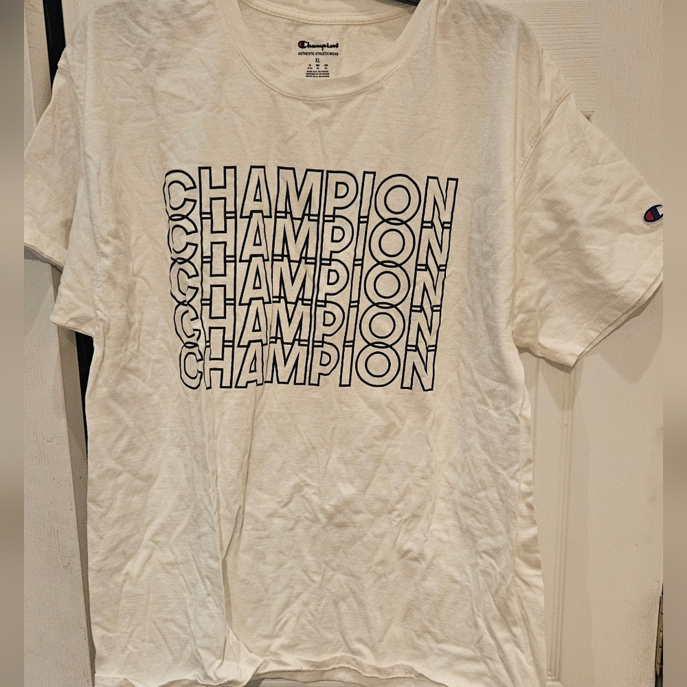 Champion White Tee with Repeated Logo